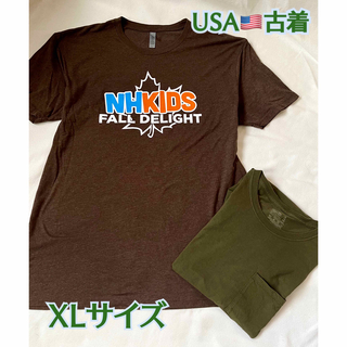 USA アメカジ古着Tシャツ　2枚　XL プリント　ブラウン、カーキ無地　良品(Tシャツ/カットソー(半袖/袖なし))