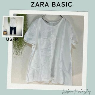 美品》ザラベーシック　ZARA BASIC　麻　レース　刺繡　後ボタンブラウス(シャツ/ブラウス(半袖/袖なし))