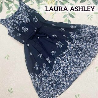 LAURA ASHLEY - ローラアシュレイ 花柄 ネイビー ノースリーブ ワンピース リボン 13 XL