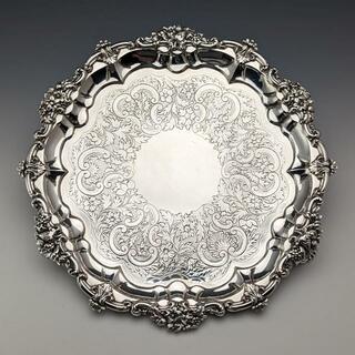 1829年 英国アンティーク 純銀製サルヴァ カードトレイ 直径25cm 560g John＆William Barnard(金属工芸)