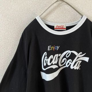 F3コカコーラリンガーネックシャツ　ロンtシャツ リブありMレディースゆったり(Tシャツ(長袖/七分))