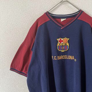L1 FCバルセロナ　ラグランtシャツ 半袖　鹿子　Ｌメンズ程度　刺繍ロゴ(Tシャツ/カットソー(半袖/袖なし))