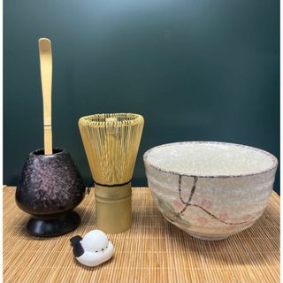 【新品・4点セット】白竹 茶筅 茶杓 茶筅置き 茶碗 百本立 茶せん 茶道具(食器)