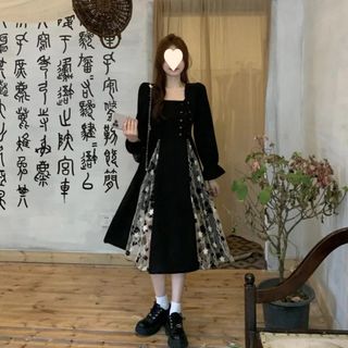 【再入荷】サイドレース　スリット　ワンピース　レディース　黒　かわいい　長袖(ロングワンピース/マキシワンピース)