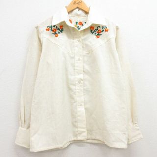 古着 長袖 ウエスタン シャツ レディース 70年代 70s 花 刺繍 開襟 オープンカラー 生成り 24jun03 中古 ブラウス トップス(ポロシャツ)