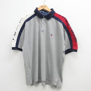 トミーヒルフィガー(TOMMY HILFIGER)のXL★古着 トミーヒルフィガー TOMMY HILFIGER 半袖 ブランド ポロ シャツ メンズ 90年代 90s ワンポイントロゴ 鹿の子 コットン グレー他 24jun03 中古 トップス(ポロシャツ)