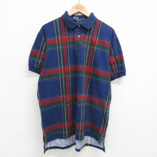 ラルフローレン(Ralph Lauren)のXL★古着 ラルフローレン Ralph Lauren 半袖 ブランド ポロ シャツ メンズ 90年代 90s ワンポイントロゴ 鹿の子 大きいサイズ コットン USA製 紺他 ネイビー チェック 【spe】 24jun03 中古 トップス(ポロシャツ)