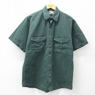 XL★古着 半袖 シャツ メンズ 大きいサイズ ダック地 コットン 緑 グリーン 24jun03 中古 トップス(シャツ)