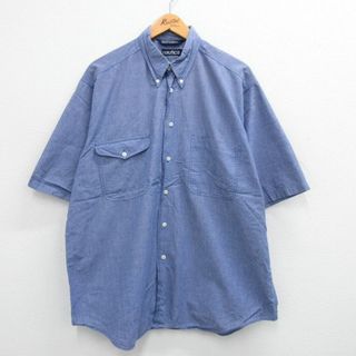 ノーティカ(NAUTICA)のXL★古着 ノーティカ NAUTICA 半袖 ブランド シャツ メンズ 90年代 90s ワンポイントロゴ 大きいサイズ ロング丈 コットン ボタンダウン 紺 ネイビー 24jun03 中古 トップス(シャツ)