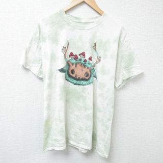 L★古着 半袖 Tシャツ メンズ キノコ コットン クルーネック 薄緑他 グリーン タイダイ 24jun03 中古(Tシャツ/カットソー(半袖/袖なし))