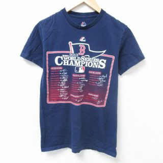 チャンピオン(Champion)のS★古着 マジェスティック 半袖 Tシャツ メンズ MLB ボストンレッドソックス ワールドシリーズ チャンピオンズ コットン クルーネック 紺 ネイビー メジャーリーグ ベースボール 野球 24jun03 中古(Tシャツ/カットソー(半袖/袖なし))