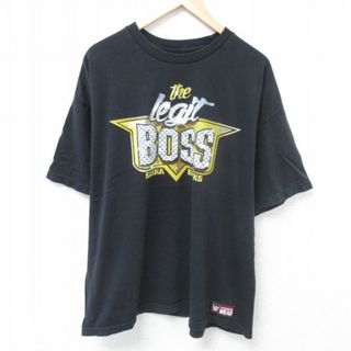 ボス(BOSS)のXL★古着 半袖 Tシャツ メンズ ワールドプロレスリング BOSS 大きいサイズ コットン クルーネック 黒 ブラック 24jun03 中古(Tシャツ/カットソー(半袖/袖なし))