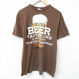 L★古着 半袖 Tシャツ メンズ ビール コットン クルーネック こげ茶 ブラウン 24jun03 中古(Tシャツ/カットソー(半袖/袖なし))