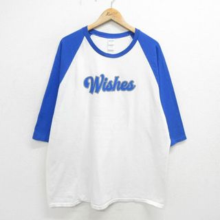 XL★古着 7分袖 Tシャツ メンズ Wishes 10 大きいサイズ コットン ラグラン クルーネック 白他 ホワイト 24jun03 中古 7分丈 七分丈 七分袖(Tシャツ/カットソー(半袖/袖なし))