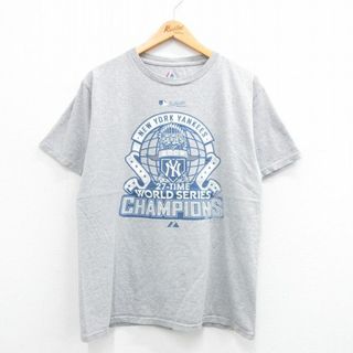 マジェスティック(Majestic)のL★古着 マジェスティック 半袖 ビンテージ Tシャツ メンズ 00年代 00s MLB ニューヨークヤンキース ワールドシリーズ クルーネック 薄グレー 霜降り メジャーリーグ ベースボール 野球 24jun03 中古(Tシャツ/カットソー(半袖/袖なし))