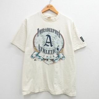 フィラ(FILA)のXL★古着 スターター STARTER 半袖 ビンテージ Tシャツ メンズ 90年代 90s MLB フィラデルフィアアスレチックス コットン クルーネック USA製 生成 メジャーリーグ ベースボール 野球 【spe】 24jun03 中古(Tシャツ/カットソー(半袖/袖なし))