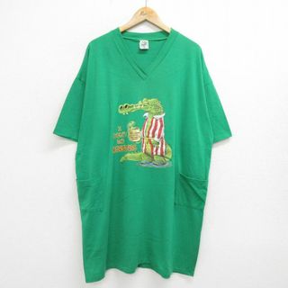 XL★古着 半袖 ビンテージ Tシャツ メンズ 90年代 90s ワニ 大きいサイズ ロング丈 Vネック USA製 緑 グリーン 24jun03 中古(Tシャツ/カットソー(半袖/袖なし))