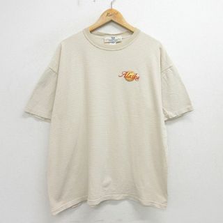 XL★古着 半袖 ビンテージ Tシャツ メンズ 90年代 90s アラスカ 大きいサイズ コットン クルーネック USA製 ベージュ他 カーキ ボーダー 24jun03 中古(Tシャツ/カットソー(半袖/袖なし))