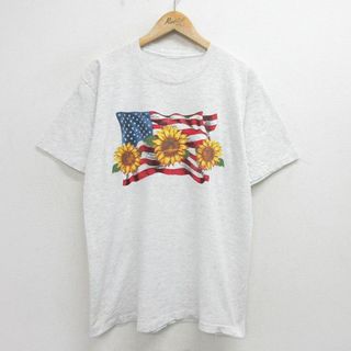 L★古着 半袖 ビンテージ Tシャツ メンズ 90年代 90s ヒマワリ 星条旗 クルーネック 薄グレー 霜降り 24jun03 中古(Tシャツ/カットソー(半袖/袖なし))