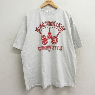 XL★古着 半袖 ビンテージ Tシャツ メンズ 90年代 90s ギター ナッシュビル 大きいサイズ コットン クルーネック USA製 薄グレー 霜降り 24jun03 中古(Tシャツ/カットソー(半袖/袖なし))