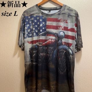 新品★グレー★アメリカ国旗＆モーターバイク★Tシャツ★ユニセックス★L(Tシャツ/カットソー(半袖/袖なし))