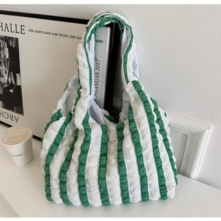 【人気商品】ポップコーンバッグ 緑 白 ストライプ 鞄 カジュアル 大容量 韓国(トートバッグ)