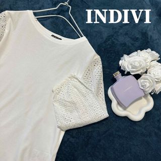 インディヴィ(INDIVI)のINDIVI 洗える 袖カットワーク 刺繍カットソー 冷感 5d57(カットソー(半袖/袖なし))