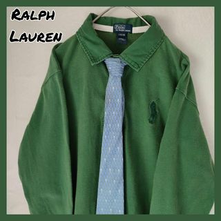 ポロラルフローレン(POLO RALPH LAUREN)のラルフローレン　ネクタイ　ポロシャツ　長袖　ワンポイント　刺繍ロゴ　緑　水　古着(ポロシャツ)