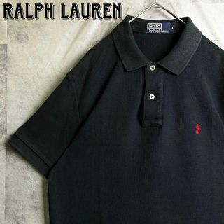 ポロラルフローレン(POLO RALPH LAUREN)の美品 90s ポロバイラルフローレン 鹿子ポロシャツ 刺繍ロゴ ブラック L(ポロシャツ)