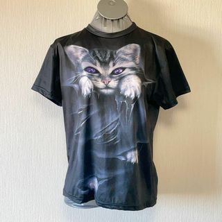 ツルツル生地 猫プリント 黒Tシャツ(Tシャツ(半袖/袖なし))