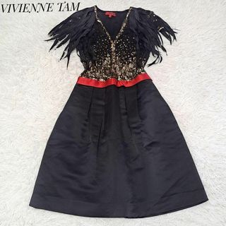 ヴィヴィアンタム(VIVIENNE TAM)のヴィヴィアンタム 美品✨シルク混 スパンコールフリンジドレス ワンピース 黒 4(ひざ丈ワンピース)