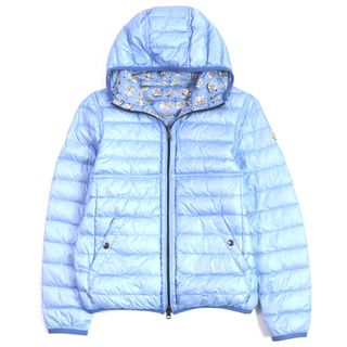 モンクレール(MONCLER)の美品▼MONCLER モンクレール OISE 総柄 フード・ロゴワッペン付き リバーシブル ZIP ダウンジャケット ライトブルー 1 正規品 メンズ(ダウンジャケット)