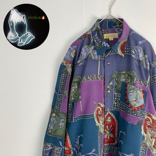 ヴィンテージ　長袖シャツ　総柄　レトロ　M L　スカーフ　アート　90s　紫(シャツ)