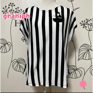Design Tshirts Store graniph - ◎923 グラニフ 黒 猫ちゃん刺繍 ストライプ ポケット可愛い