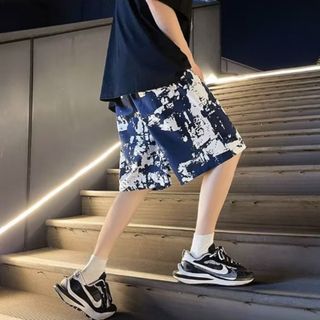 【人気商品】 ビーチパンツ ハーフパンツ  大きめ L  青 リゾート メンズ(ショートパンツ)