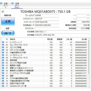 ハードディスク　中古　HDD750GB　2.5インチ 使用時間：15174 時間