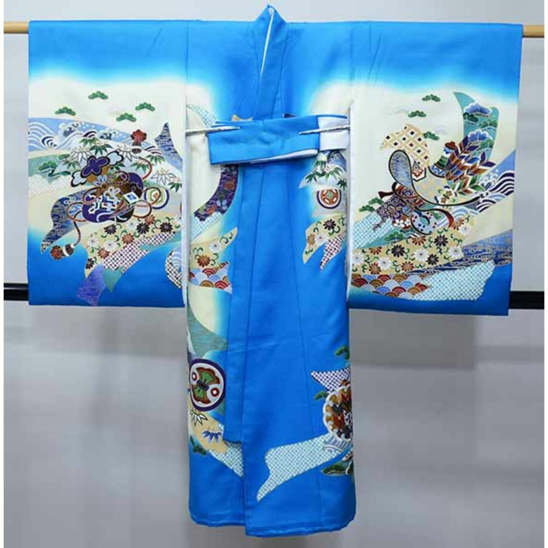 お宮参り 産着 男児 合繊 のしめ 金刺繍 兜 青地 祝着 NO40476 お宮参り 産着 男児 合繊 のしめ 金刺繍 兜 青地 祝着 NO40476