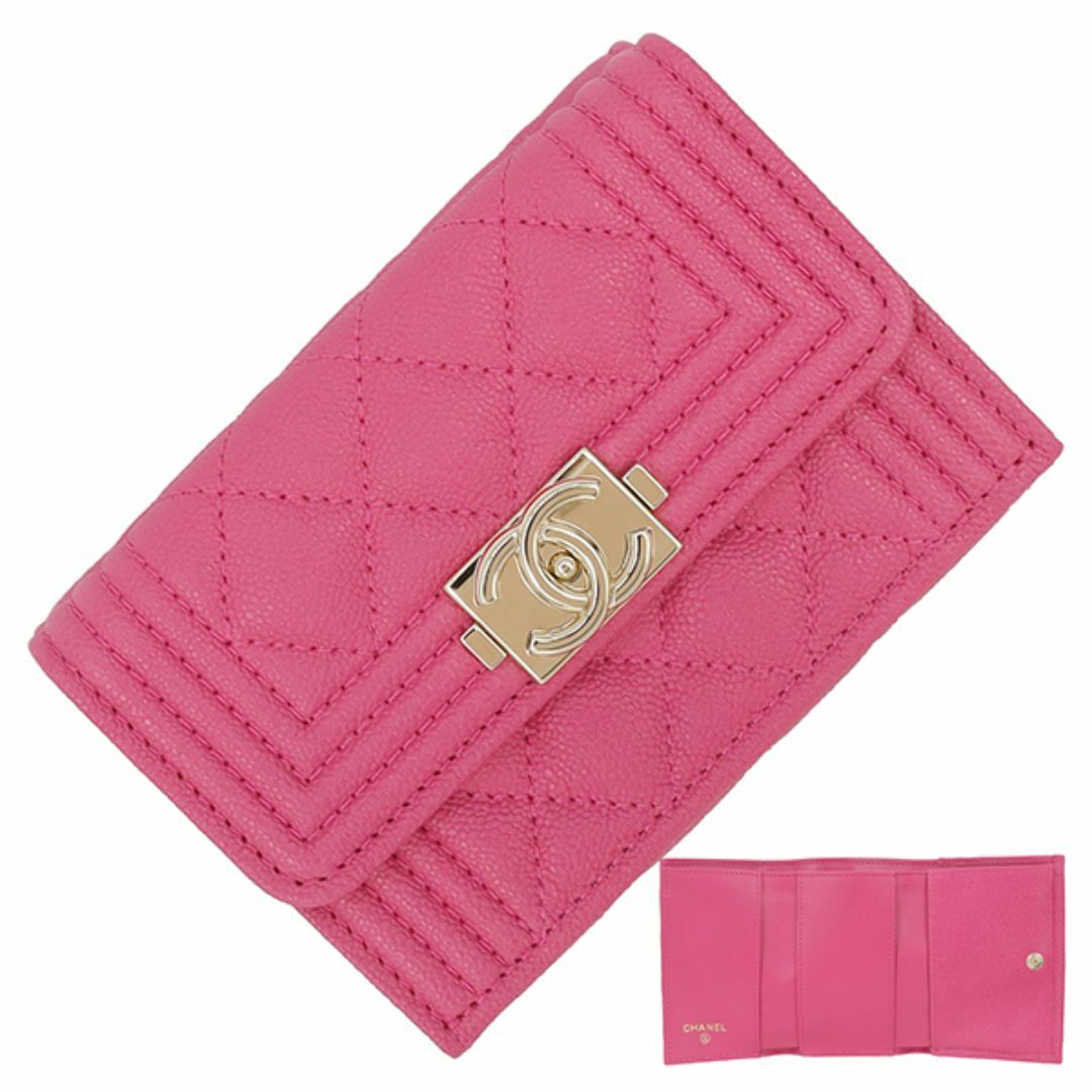 CHANEL - シャネル スモールフラップ ウォレット 三つ折り財布 サイフ ボーイシャネル キャビアスキン ピンク ゴールド レディース 未使用 4123