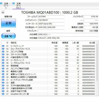 ハードディスク　中古　HDD1TB　2.5インチ　（使用時間：2003 時間）