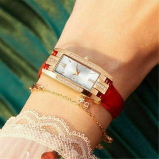 腕時計 レディース 赤白 クオーツ式 高級 スクエア 革 ベルト 新品(腕時計)