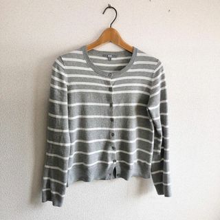 ユニクロ(UNIQLO)のUNIQLO♡コットンクルーネックカーディガン♡グレー×ホワイトボーダーユニクロ(カーディガン)