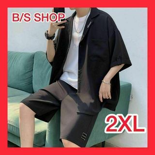 【ブラック】メンズ　トップス　ハーフパンツ　夏服セットアップ　上下セット　2XL(Tシャツ/カットソー(半袖/袖なし))