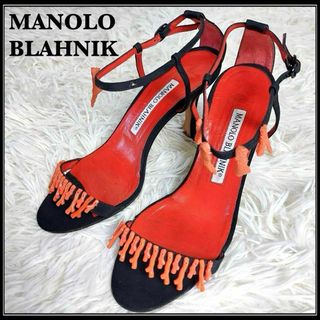 マノロブラニク(MANOLO BLAHNIK)のマノロブラニク アンクルストラップ ピンヒール オープントゥ ミュール 黒 赤(ハイヒール/パンプス)