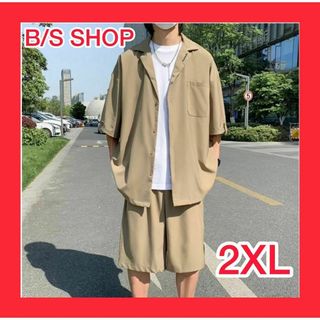 【カーキ】メンズ　トップス　ハーフパンツ　セットアップ　上下セット 2XL(Tシャツ/カットソー(半袖/袖なし))