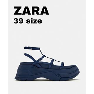 ザラ(ZARA)のZARA　フラットフォーム ストラップサンダル　39サイズ　ネイビーブルー(サンダル)