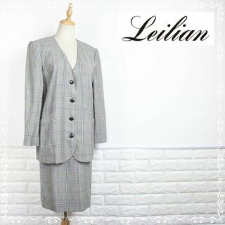 レリアン(leilian)のレリアン　ノーカラー　サマー　スカートスーツ 　チェック　11　L　チェック(スーツ)