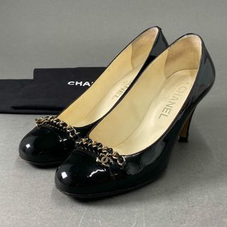 シャネル(CHANEL)の6f4 CHANEL シャネル チェーン ココマーク ヒールパンプス 37 1/2 ブラック イタリア製 シューズ(ハイヒール/パンプス)