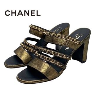 シャネル(CHANEL)のシャネル CHANEL サンダル 靴 シューズ ファブリック ゴールド 未使用 ミュール ココマーク チェーン(サンダル)