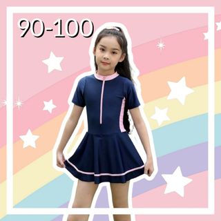 水着　90　女の子　ワンピース　オールインワン　ネイビー×ピンク　半袖　新品(水着)