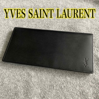 イヴサンローラン(Yves Saint Laurent)の【未使用に近い】イヴサンローラン YSLロゴ レザー 二つ折り 長財布 ブラック(財布)
